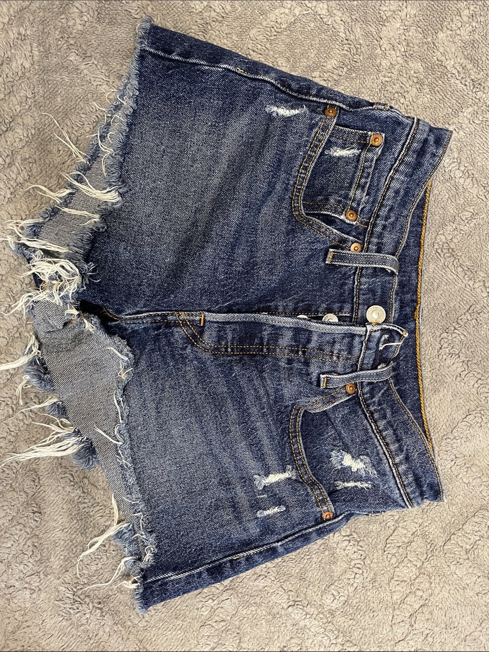 Levi High-Rise Button Fly Dark Blue Distressed Denim Jean Shorts